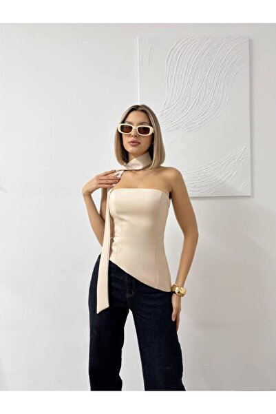 Moxsira Burgundy Aura Asimetrik Yaka Straplez Bluz