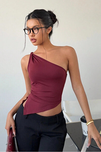 Tarz Cool Women's Burgundy One-Shoulder Blouse Asymmetrical Cut Stretch Fabri...