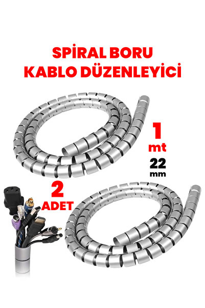 Aksesuarcı 2 Adet 22 mm Gri 1 Metre Spiral Kablo Toplayıcı, Boru Tipi Kablo D...