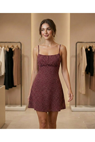 MELA ROSSA Women's Burgundy Floral Rope Strap Dress B Ruched Detail V Viscose...