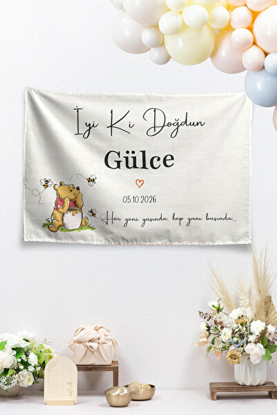 Vagonik Kişiye Özel Doğum Günü Happy Birthday Winnie The Pooh Temalı Duvar Ör...