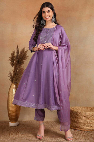 ZERE Lavender Silk Blend Anarkali Woven Design Suit Set