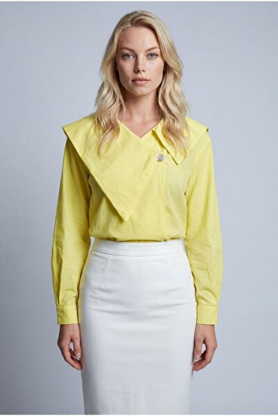 MODAMERSİ Women's Yellow Asymmetrical Collar Detail Blouse
