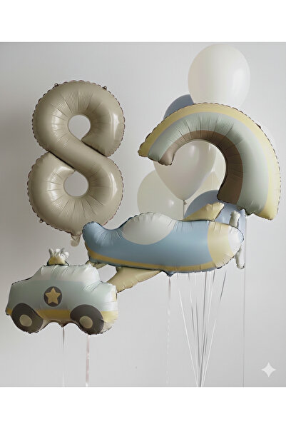 Çemrek Süs Parti Retro Boy's Birthday Concept Retro Car Rainbow Airplane Beig...