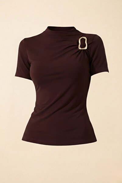 Potenza Women's T-Shirt Short Sleeve Gold Buckle Detail Ruched Half Turtlenec...