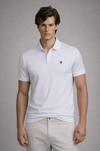 COMBİNE MİCHAİL Men's Striped Comfortable White Polo Neck T-Shirt