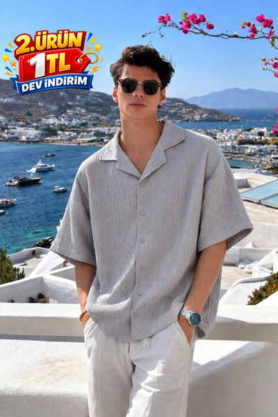 DAMGA JEANS Men's Summer Short Sleeve Gray Linen Shirt