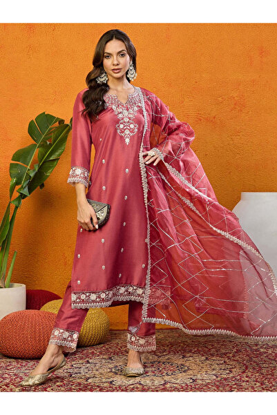 ZERE بنطلون كورتا مستقيم مطرّز بلون الصدأ، مصنوع من حرير الحرير، مع شال (دوبا...