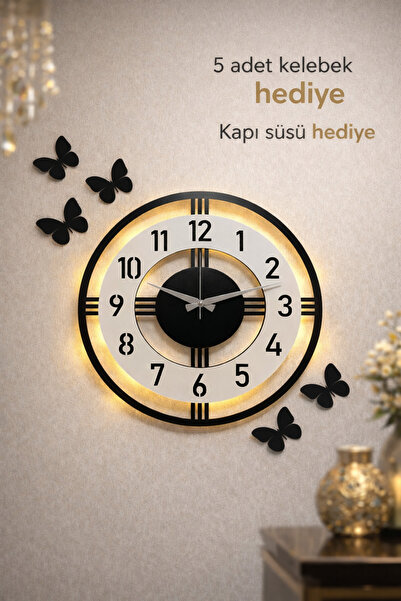 Pey Aksesuar Işıklı Ahşap Duvar Saati 48 cm Dekoratif modern tasarım