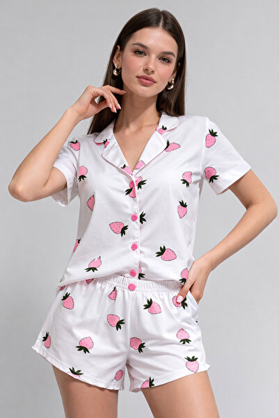 HAKKE Çilek Desen Düğmeli Şort Pijama TAKIMI