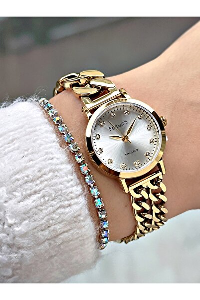 Ferrucci GÜMÜŞ KADRAN TAŞ RAKAMLI GOLD ZİNCİR KORDON KADIN METAL KOL SAATİ