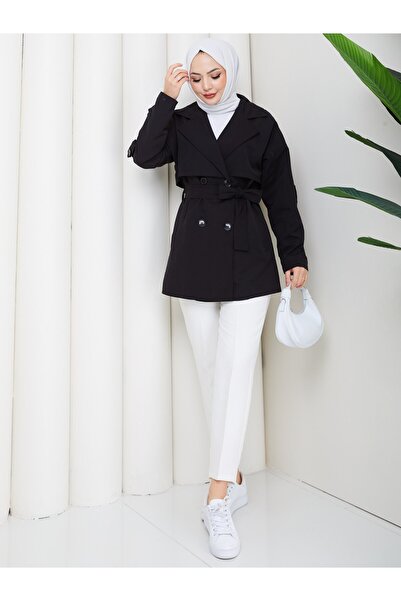 Zenyamoda Women's Linen Black Trench Coat with Buttoned Sleeves and Belt Detail