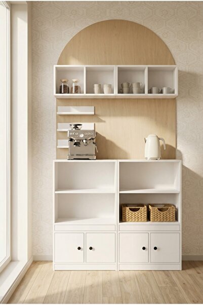 FOR WOMAN DESİGN Ahşap Çok Amaçlı Mutfak Dolabı ve Kahve Köşesi Ünitesi Beyaz...