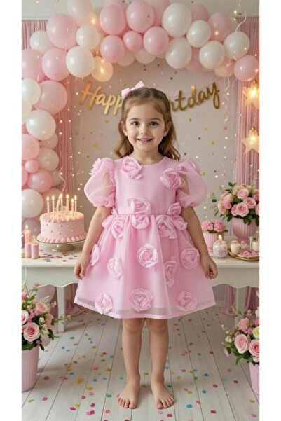 BİLGEN Style Girl's Rose Patterned 3D Dimensional Party Ball Gown Dress