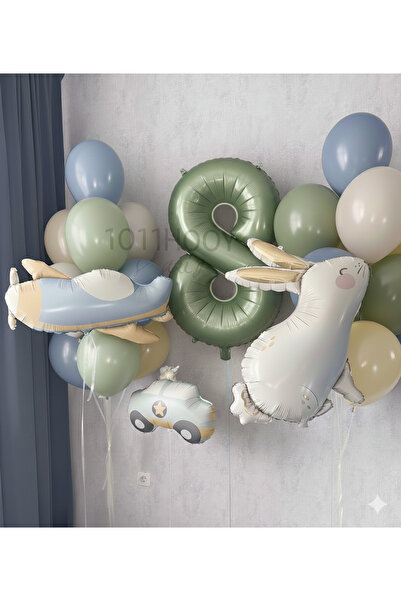 Çemrek Süs Parti Retro Airplane Police Car Rabbit Foil Balloon and Mint Numbe...