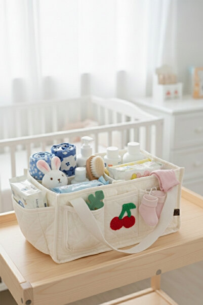 HeviKids Anne Bebek Beyaz Kiraz Desenli Organizer (İsim Eklenebilir)