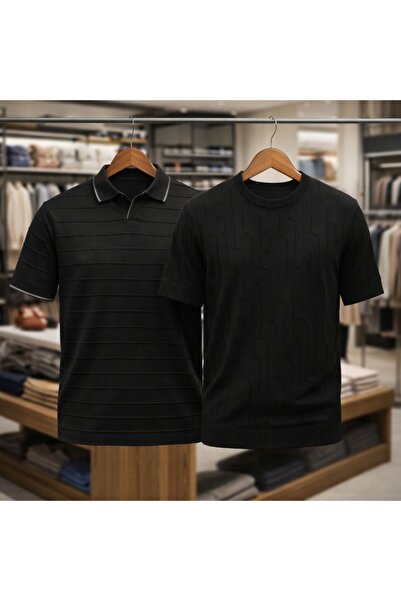 zs zaos fashion Set of 2 Men's Polyo-Neck and Crew-Neck Short-Sleeved Knitwea...