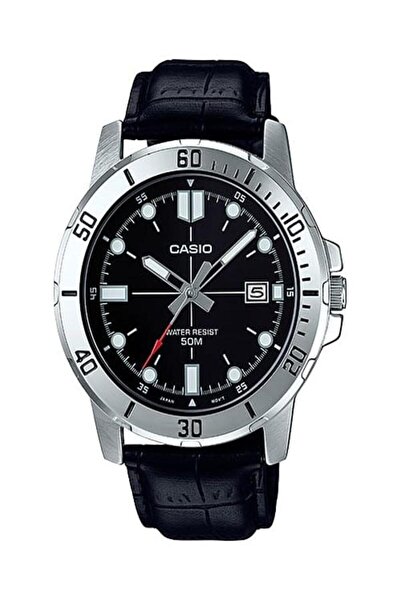 casiu Men's black Leather watch with a classic black dial, 50m water resistan...