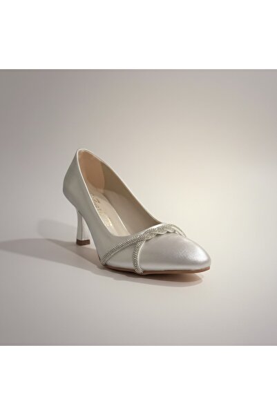 Modayak Elegant Silver Pointed Toe Diamond Stone Heel Shoes