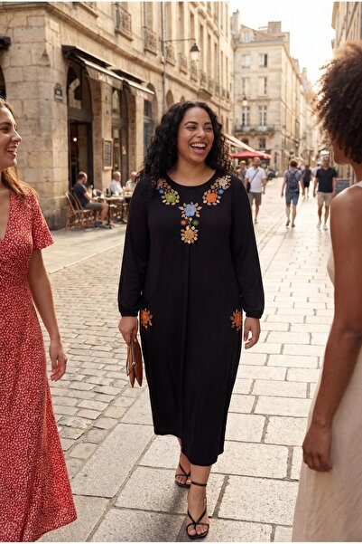 Ebsumu Women's Plus Size Embroidery Detail Long Sleeve Black Dress