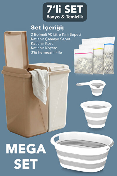 Meleni Home 7'li Banyo Seti - 90 Lt Kirli Sepeti Latte Katlanabilir Çamaşır S...