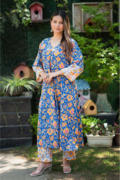 ZERE Blue Pure Cotton Handblock 2-Piece Kurta Set