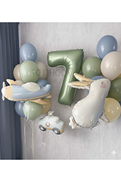 Çemrek Süs Parti Retro Airplane Police Car Rabbit Foil Balloon and Mint Numbe...