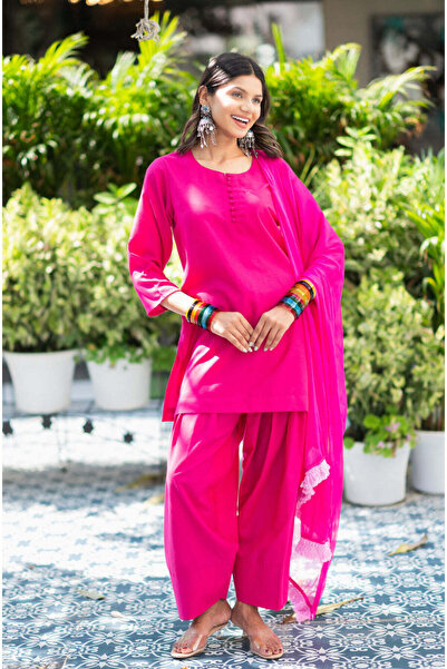 ZERE طقم شالوار بوتلي فارشي من قطن الوردي