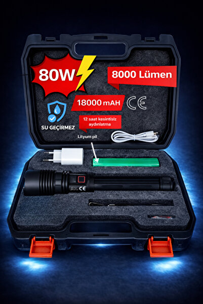 Edison Yüksek Lümen Zoomlu Şarjlı Güçlü El Feneri 80W 8000 LM 18000 mAh Power...