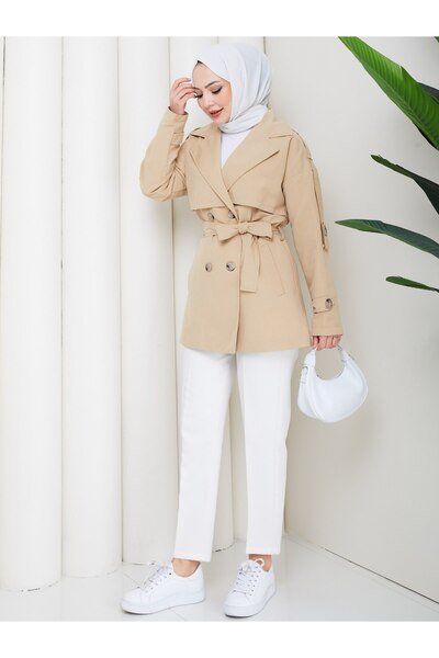 Zenyamoda Women's Linen Beige Buttoned Trench Coat with Belt Detail