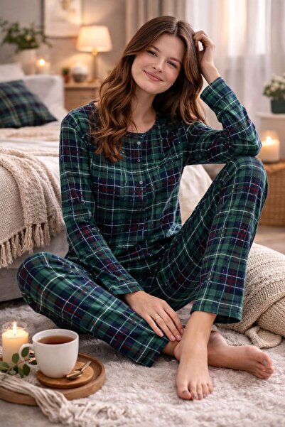 GRSN Women's Long Sleeve Patterned Suede High Quality Pajama Set with Placket