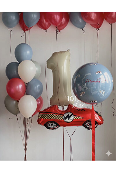 Çemrek Süs Parti Kırmızı Yarış Arabası Rakam Balon ve Jumbo Mavi Bej Kırmızı ...