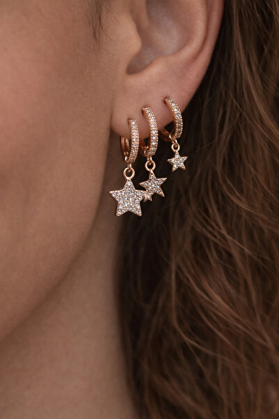 Sacce Scarves&Accessories 18K Rose Gold Üçlü Yıldız Charm Halka Küpe Seti – T...