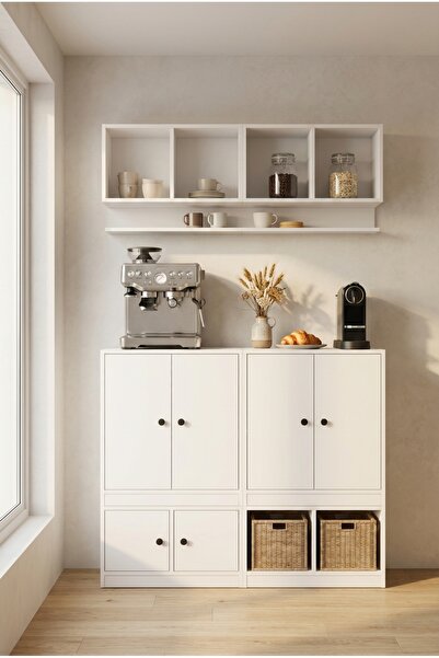 FOR WOMAN DESİGN Ahşap Çok Amaçlı 6 Kapaklı Mutfak Dolabı ve Kahve Köşesi Üni...