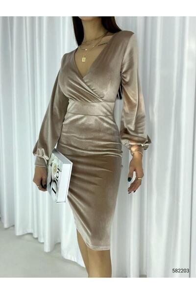 Modafeminen Velvet fabric long sleeve Double-Breasted dress 582303 beige