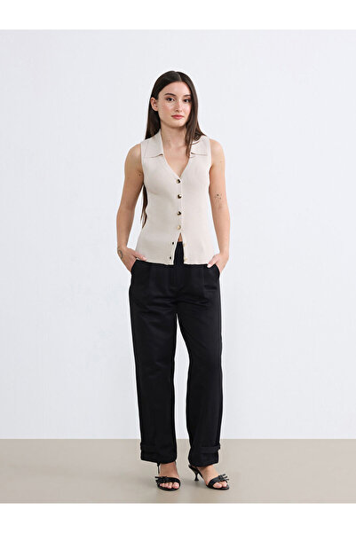 LC Waikiki Black High Waist Pleated Women's Fabric Trousers