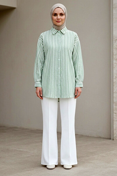 Kirazgym Women's Buttoned Striped Linen Shirt - Green