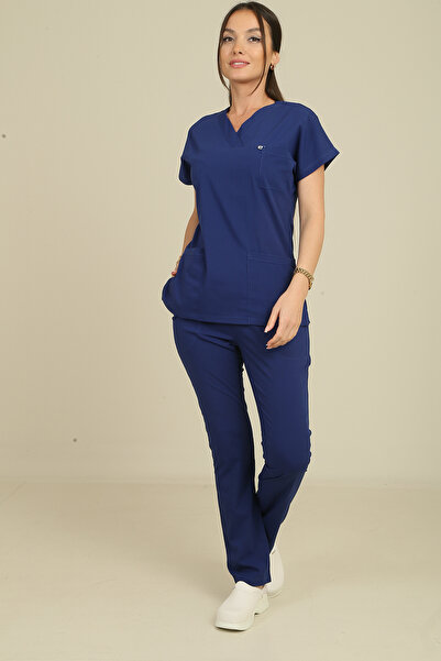 DENİZ İŞ Women's Envelope Collar Terycotton Scrubs Set - Petrol Blue