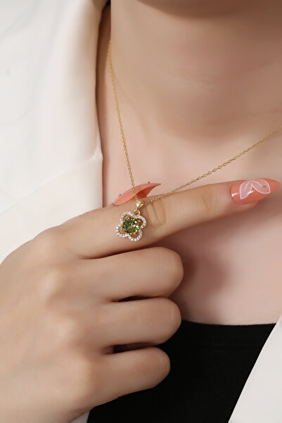 LİNOVE JEWELLERY 925 Ayar Gümüş Yonca Kolye, Yeşilimsi Gümüş Yonca Kolye, Zar...