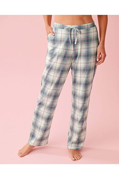 La Vie en Rose بنطال قطن قماش منقش أزرق بنقشة مربعات