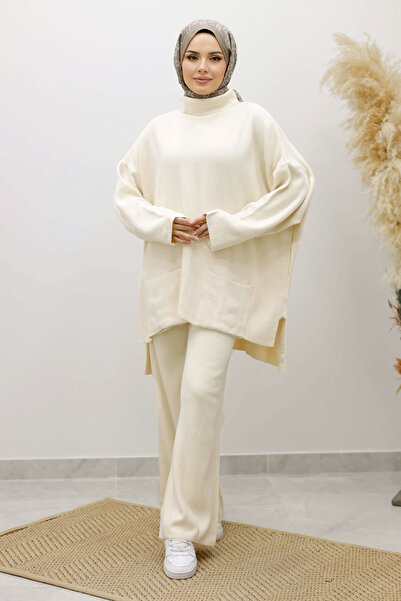 Tesettür Dünyası Double Pocketed Layer Knitwear Set Tsd260109 Beige