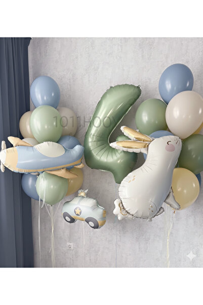 Çemrek Süs Parti Retro Airplane Police Car Rabbit Foil Balloon and Mint Numbe...