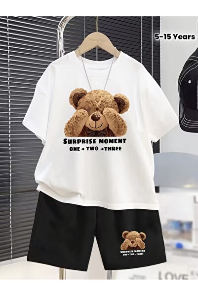 AEMİ Çocukbear Printed Shorts Tshirt 2-Piece Top and Bottom Set