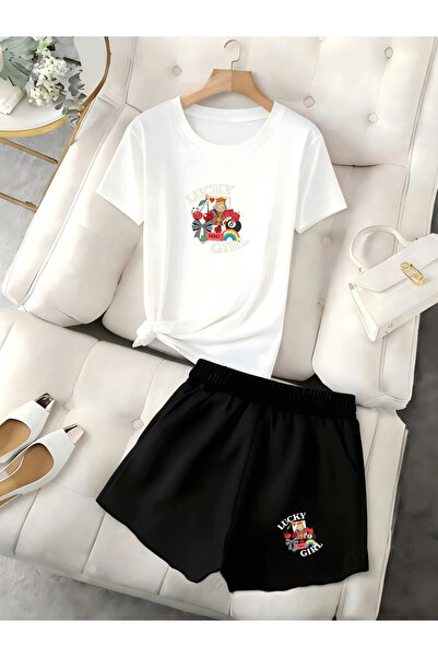 Rayan & Hoor Style Lucky Alt Top Team Shorts T-Shirt Combination Printed Crew...