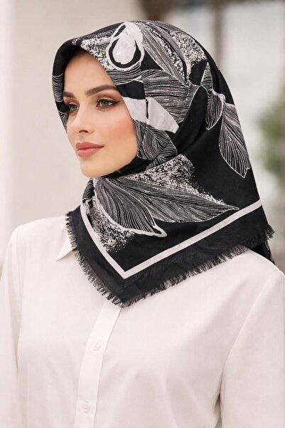 Sinem Eșarfă din bumbac imprimată - Negru / Alb-6292-13