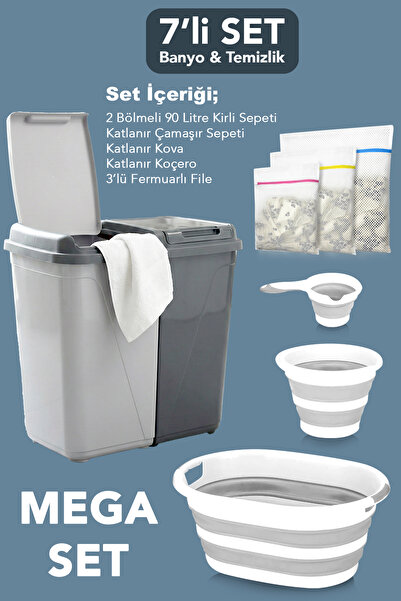 Meleni Home 7'li Banyo Seti - 90 Lt Kirli Sepeti Antrasit Katlanabilir Çamaşı...