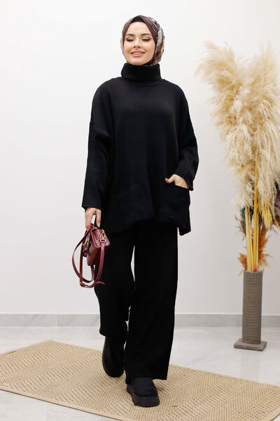 Tesettür Dünyası Double Pocketed Layer Knitwear Set Tsd260109 Black