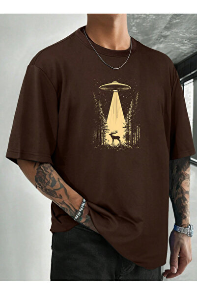 SUNFREE Retro Ufo Printed Crew Neck Oversized Short Sleeve Men's Combed Cotto...