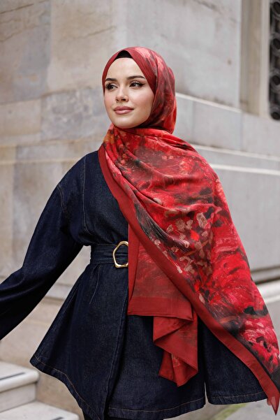 ipekistanbul %100 Organik Pamuk Şal - Ebruli Desen - Kırmızı