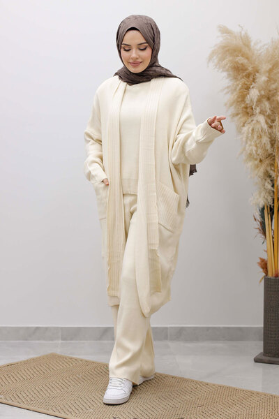 Tesettür Dünyası Pocketed Cardigan Triple Set Tsd260114 Beige